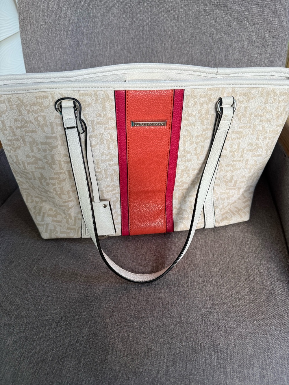 Dana Buchman Cream Tote with Coral and Pink Center Stripe